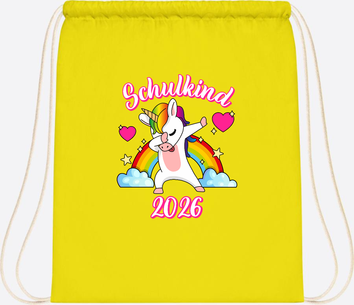 Turnbeutel Schulkind 2025 – Dabbendes Einhorn mit Wunschname - Yellow