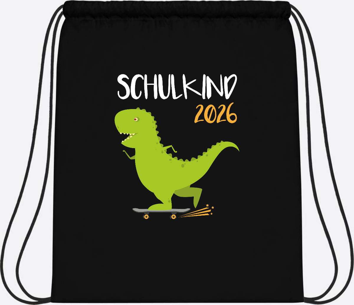 Turnbeutel Schulkind 2025 – Dino Skateboard mit Name - Black/Black