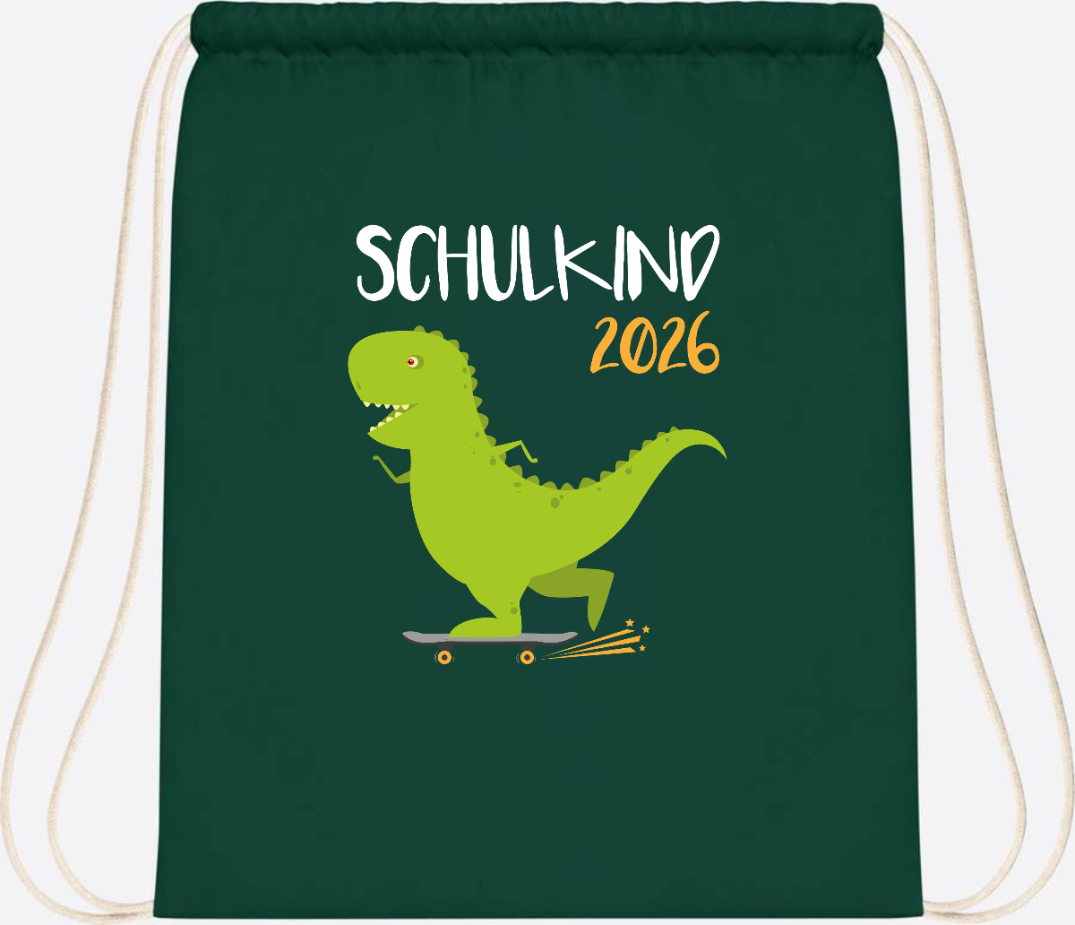 Turnbeutel Schulkind 2025 – Dino Skateboard mit Name - Bottle Green