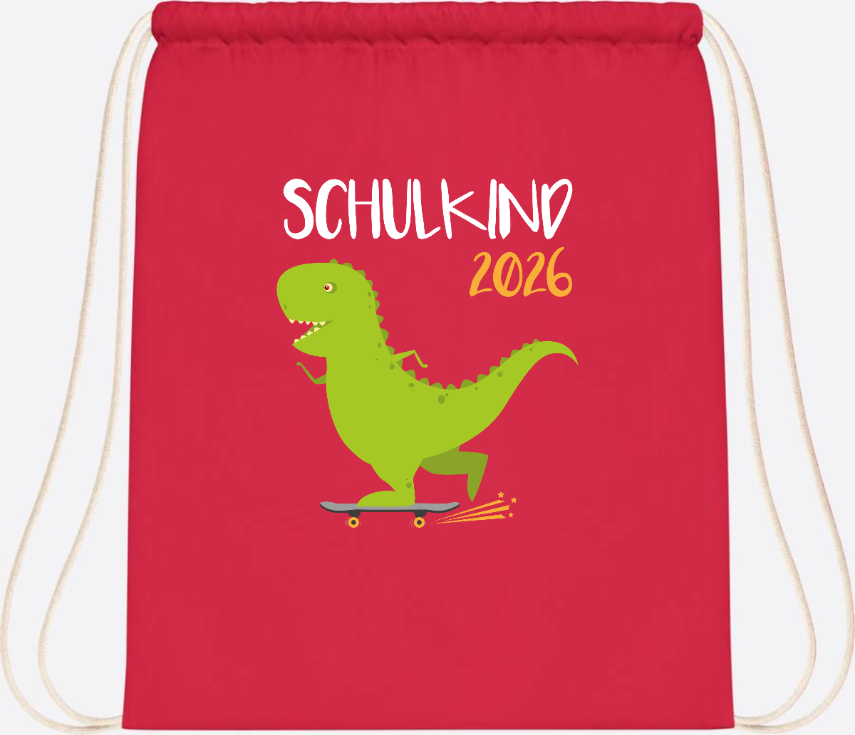 Turnbeutel Schulkind 2025 – Dino Skateboard mit Name - Bright Red