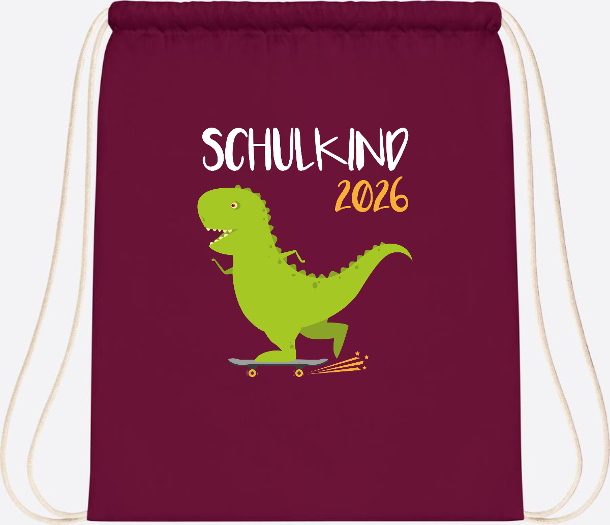 Turnbeutel Schulkind 2025 – Dino Skateboard mit Name - Burgundy