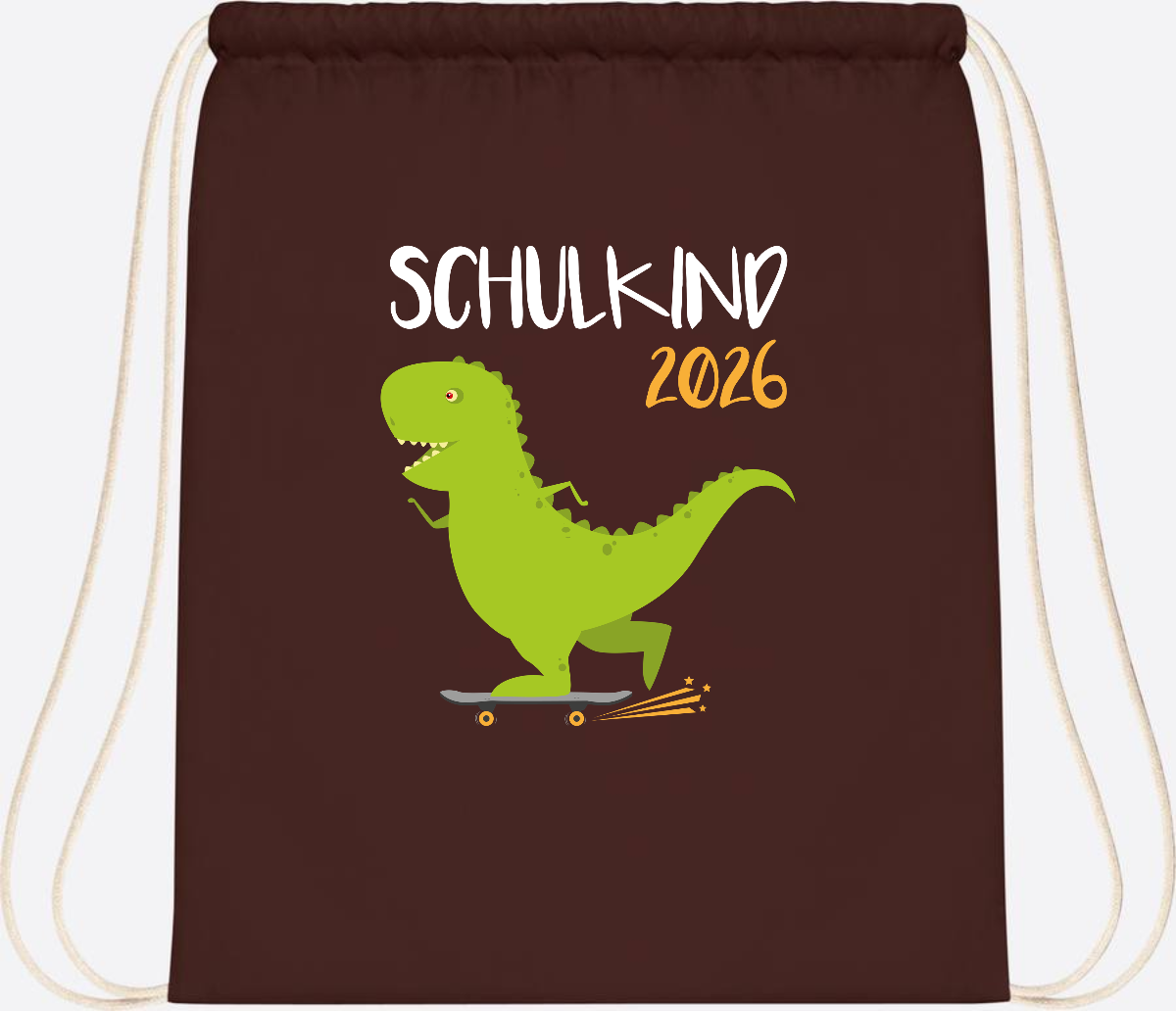 Turnbeutel Schulkind 2025 – Dino Skateboard mit Name - Chocolate