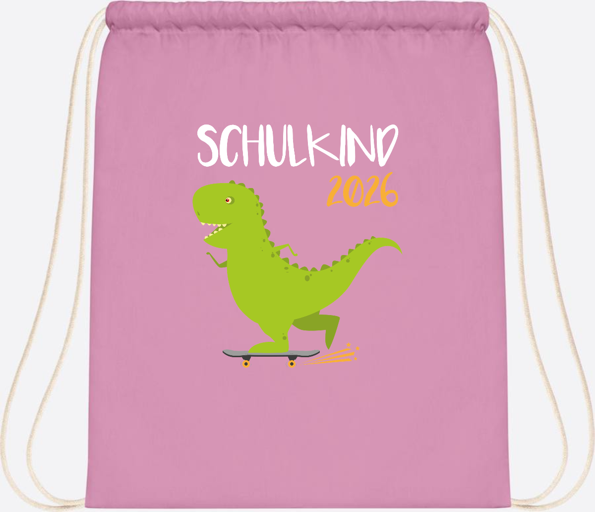 Turnbeutel Schulkind 2025 – Dino Skateboard mit Name - Classic Pink/White
