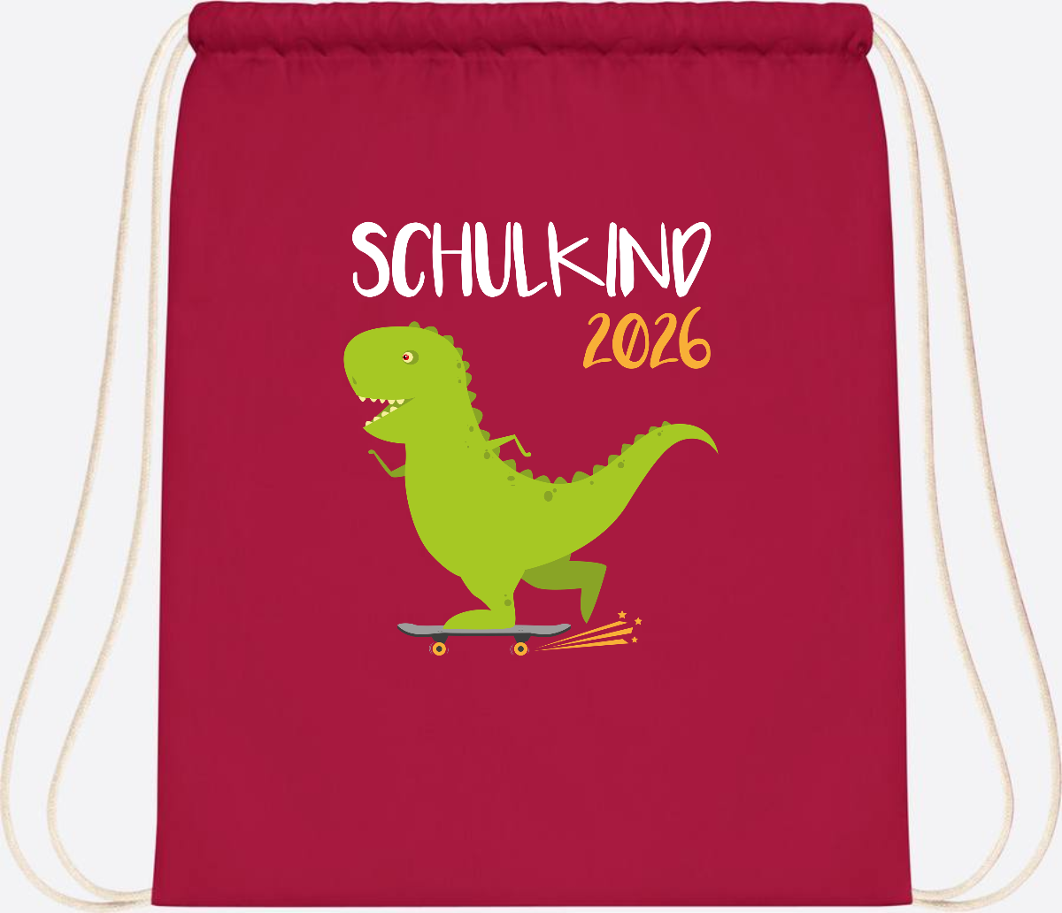 Turnbeutel Schulkind 2025 – Dino Skateboard mit Name - Classic Red