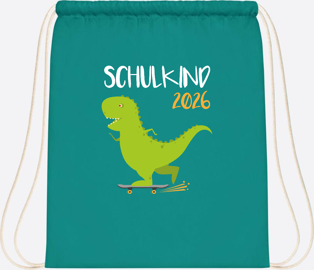 Turnbeutel Schulkind 2025 – Dino Skateboard mit Name - Emerald