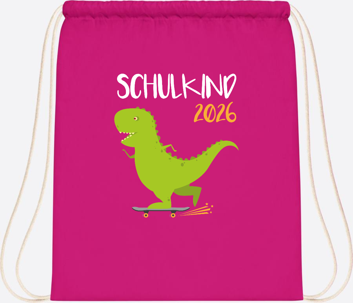 Turnbeutel Schulkind 2025 – Dino Skateboard mit Name - Fuchsia