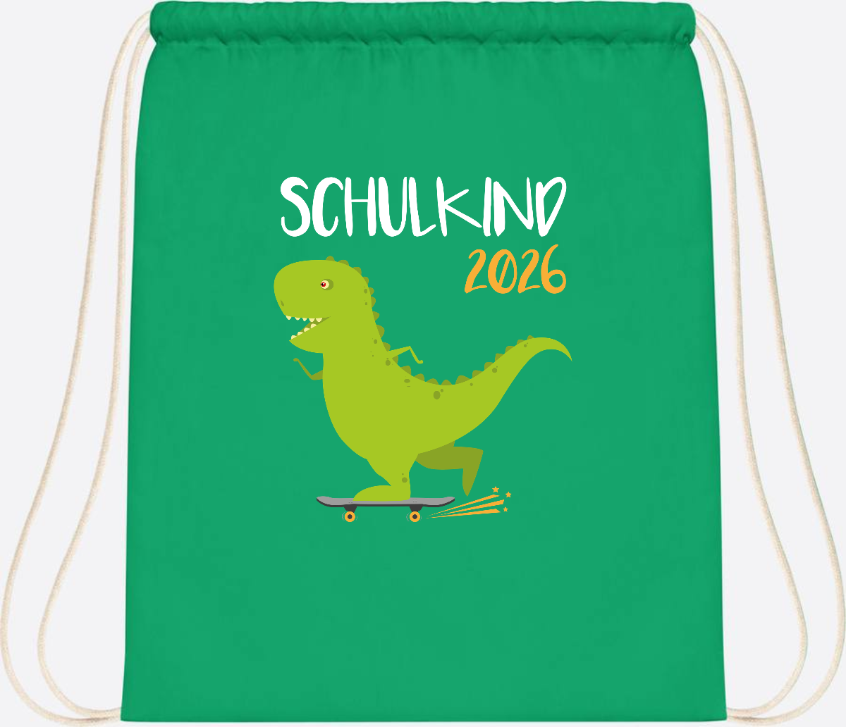 Turnbeutel Schulkind 2025 – Dino Skateboard mit Name - Kelly Green