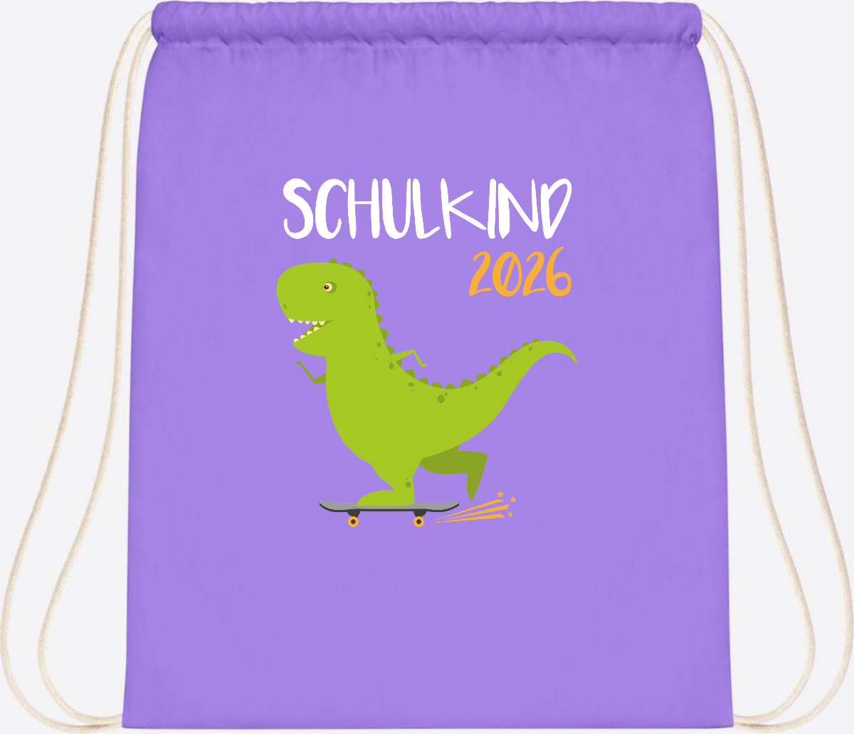 Turnbeutel Schulkind 2025 – Dino Skateboard mit Name - Lavender/White