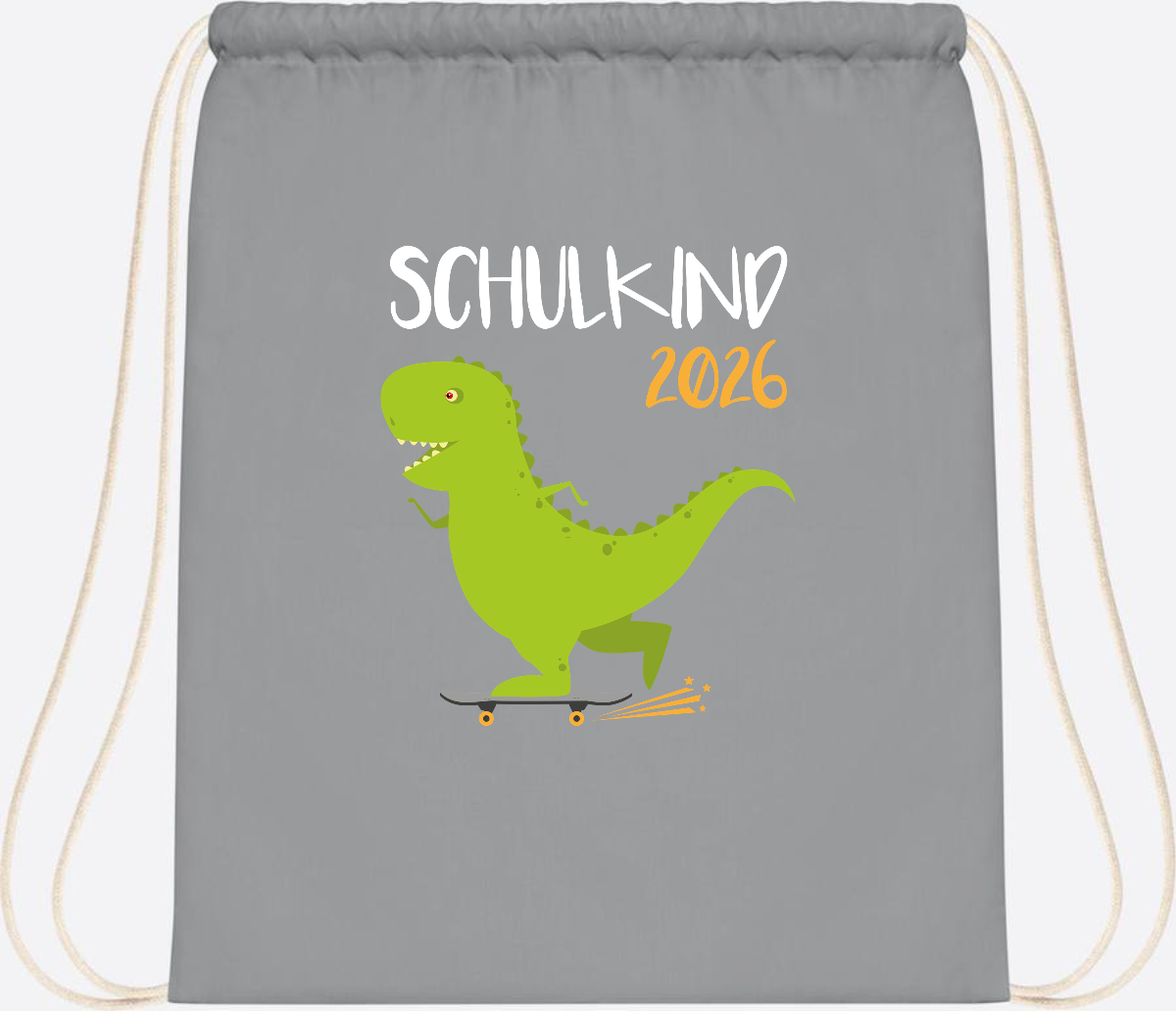 Turnbeutel Schulkind 2025 – Dino Skateboard mit Name - Light Grey