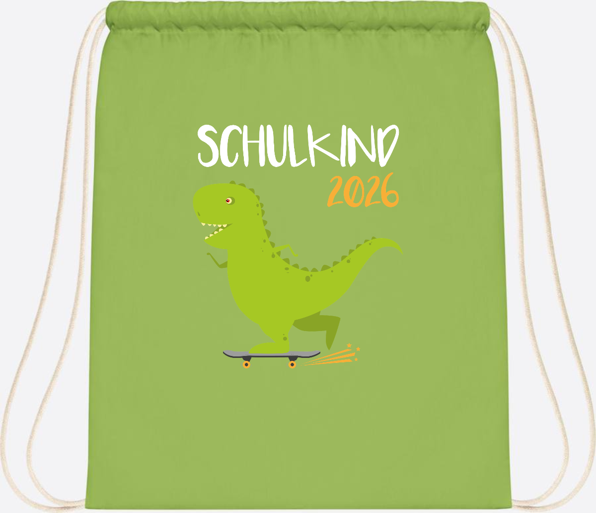 Turnbeutel Schulkind 2025 – Dino Skateboard mit Name - Lime Green