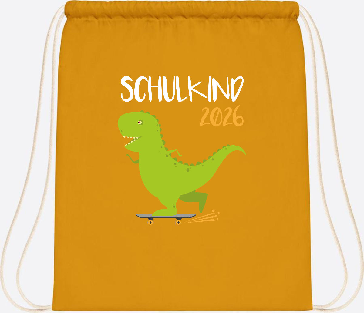 Turnbeutel Schulkind 2025 – Dino Skateboard mit Name - Mustard