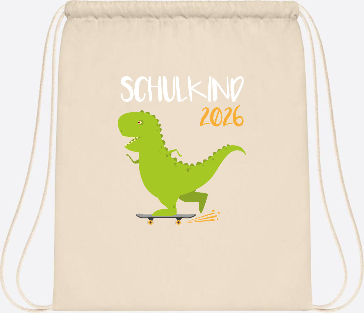 Turnbeutel Schulkind 2025 – Dino Skateboard mit Name - Natural