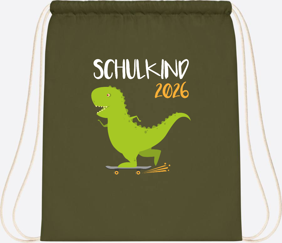 Turnbeutel Schulkind 2025 – Dino Skateboard mit Name - Olive Green