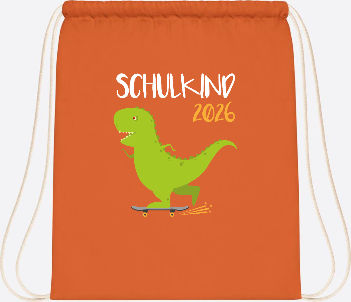 Turnbeutel Schulkind 2025 – Dino Skateboard mit Name - Orange
