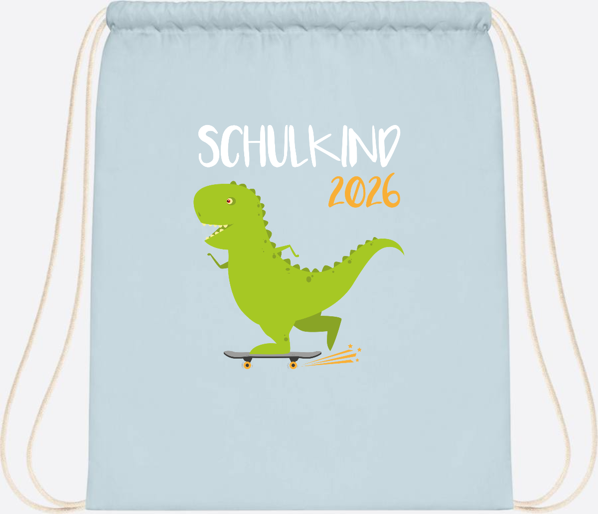 Turnbeutel Schulkind 2025 – Dino Skateboard mit Name - Pastel Blue/White