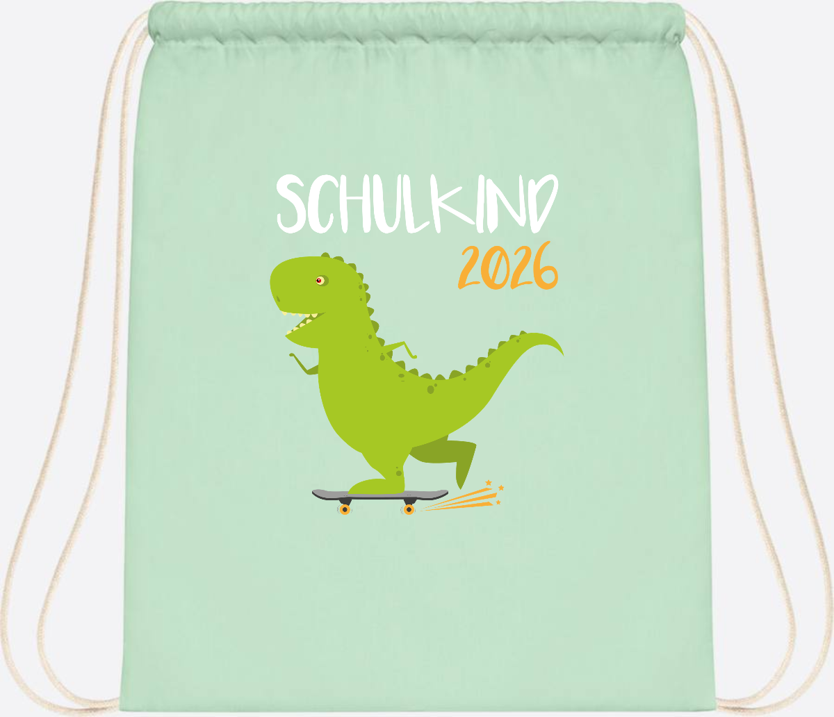 Turnbeutel Schulkind 2025 – Dino Skateboard mit Name - Pastel Mint/White