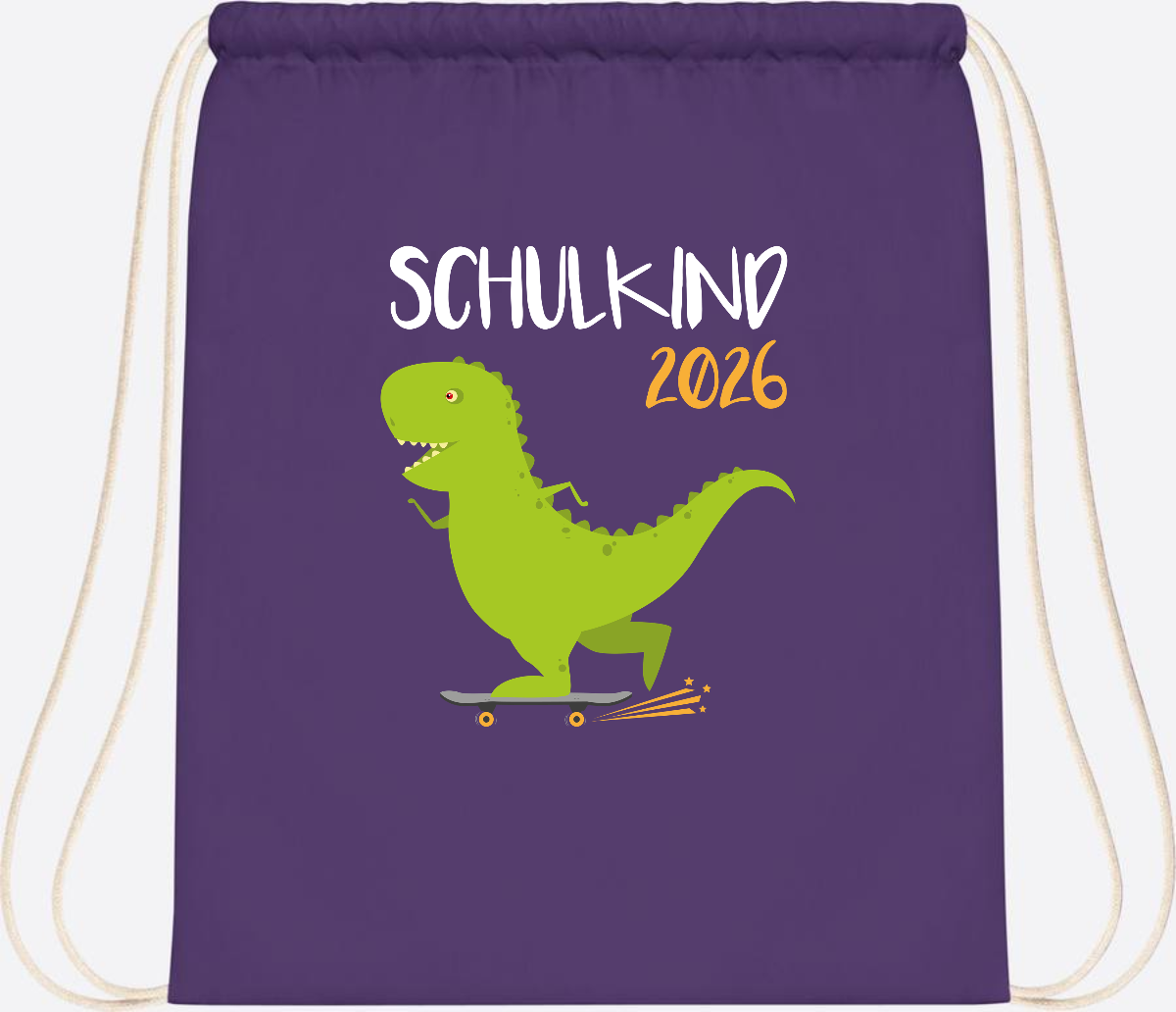 Turnbeutel Schulkind 2025 – Dino Skateboard mit Name - Purple