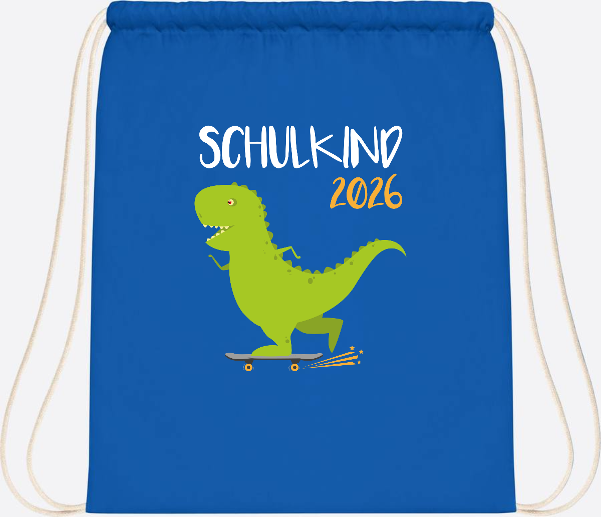 Turnbeutel Schulkind 2025 – Dino Skateboard mit Name - Sapphire Blue
