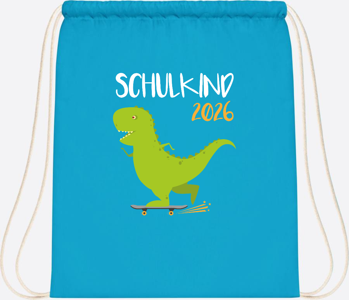 Turnbeutel Schulkind 2025 – Dino Skateboard mit Name - Surf Blue