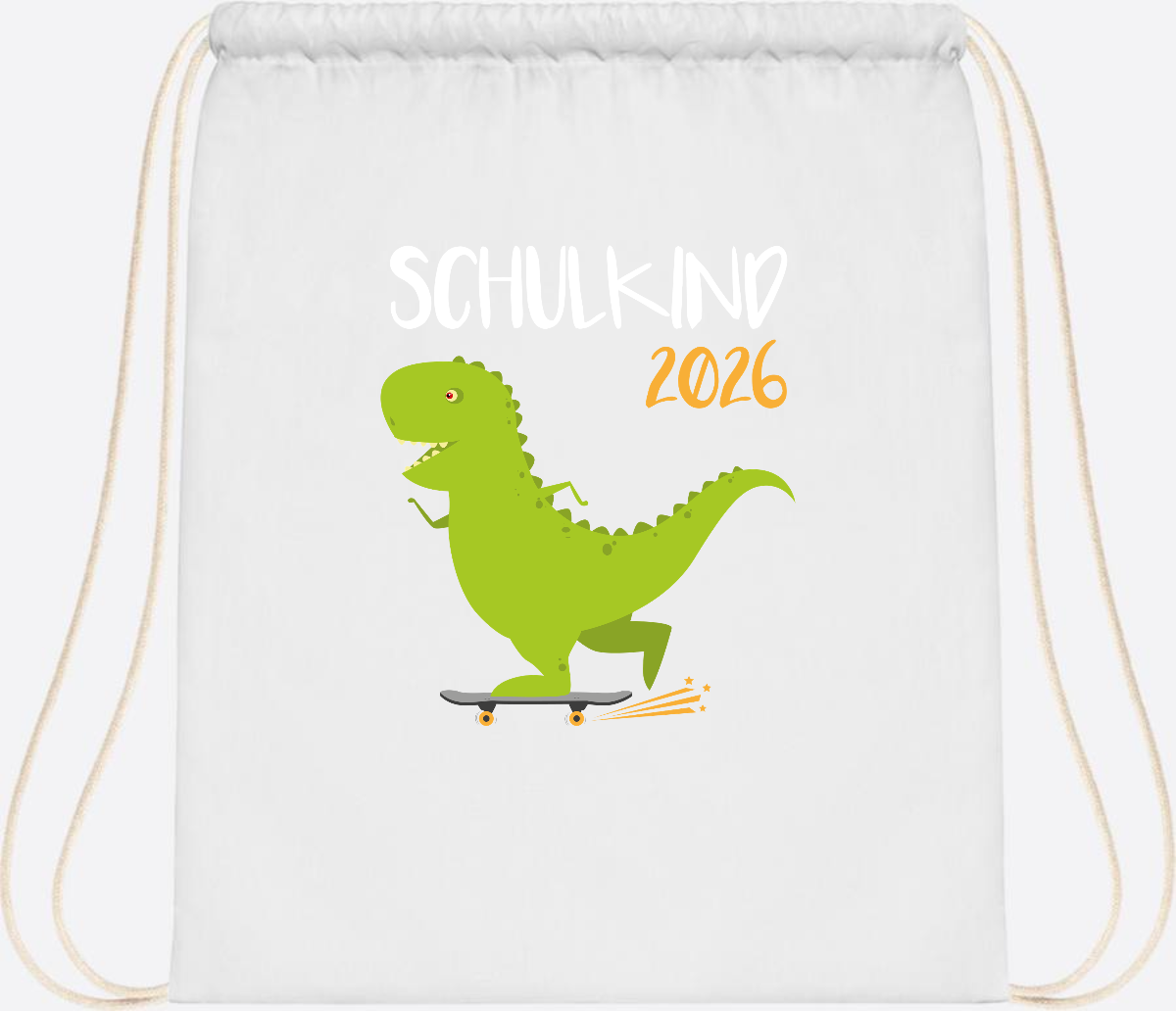 Turnbeutel Schulkind 2025 – Dino Skateboard mit Name - White