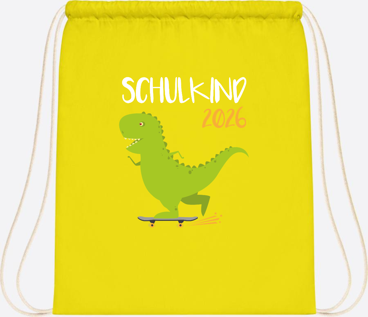 Turnbeutel Schulkind 2025 – Dino Skateboard mit Name - Yellow