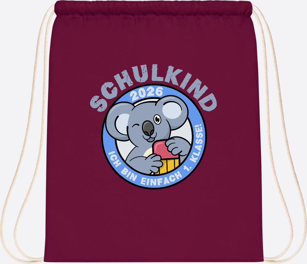 Turnbeutel Schulkind 2026 – 1. Klasse Koala mit Name - Burgundy