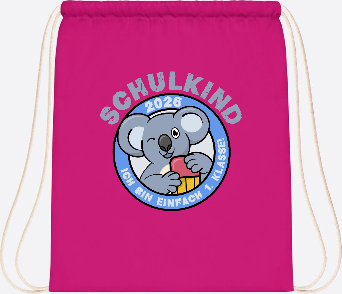Turnbeutel Schulkind 2026 – 1. Klasse Koala mit Name - Fuchsia