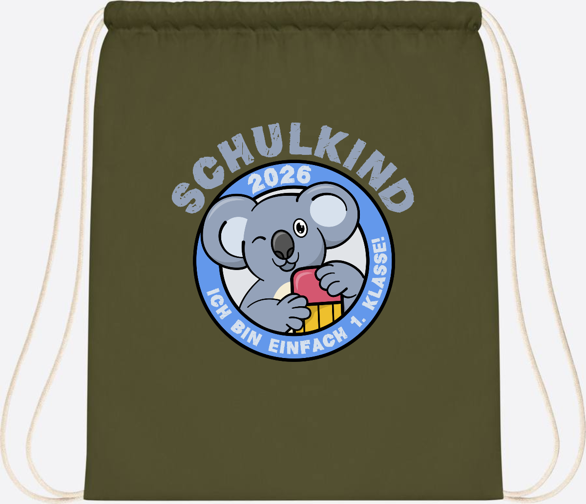 Turnbeutel Schulkind 2026 – 1. Klasse Koala mit Name - Olive Green