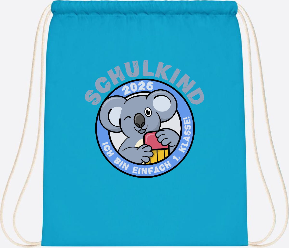Turnbeutel Schulkind 2026 – 1. Klasse Koala mit Name - Surf Blue