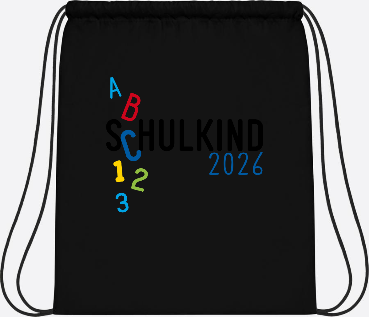 Turnbeutel Schulkind 2026 ABC Blau mit Name - Black/Black