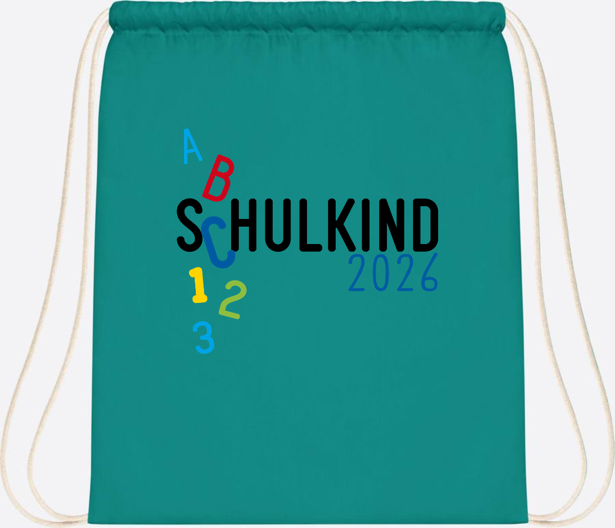 Turnbeutel Schulkind 2026 ABC Blau mit Name - Emerald