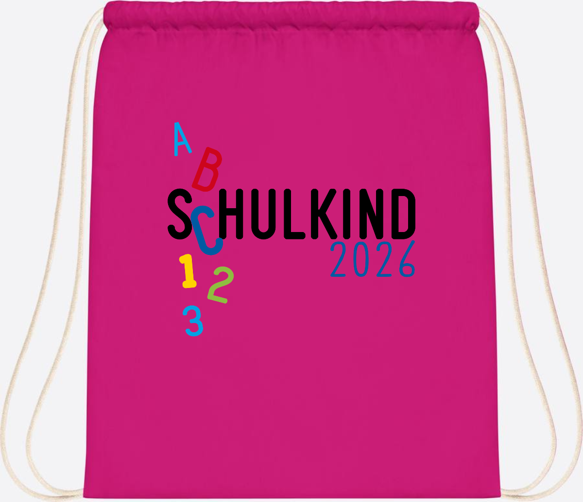 Turnbeutel Schulkind 2026 ABC Blau mit Name - Fuchsia