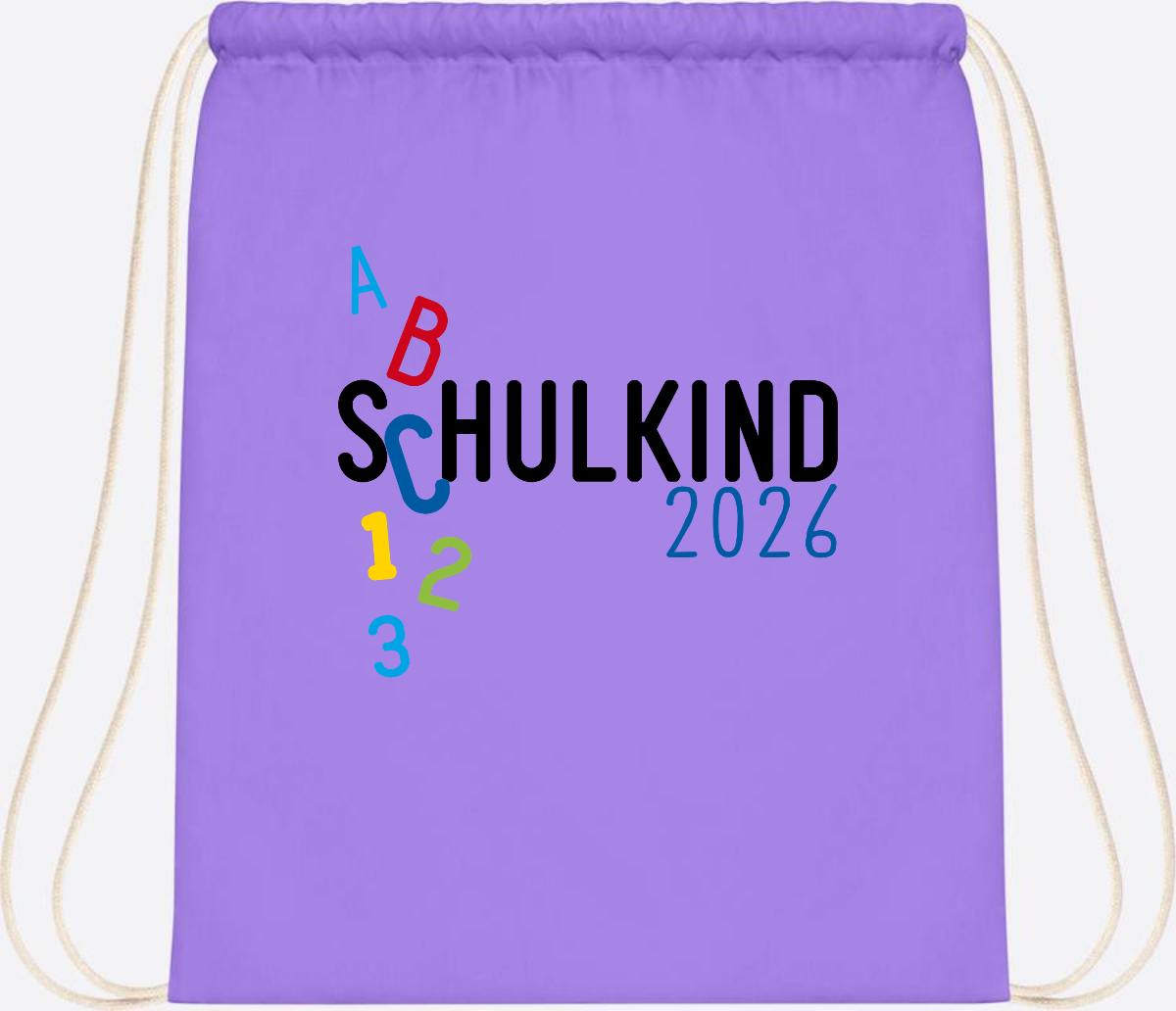 Turnbeutel Schulkind 2026 ABC Blau mit Name - Lavender/White