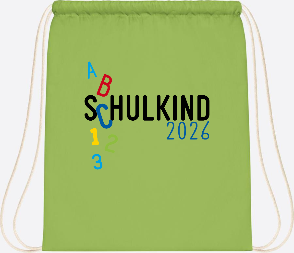 Turnbeutel Schulkind 2026 ABC Blau mit Name - Lime Green