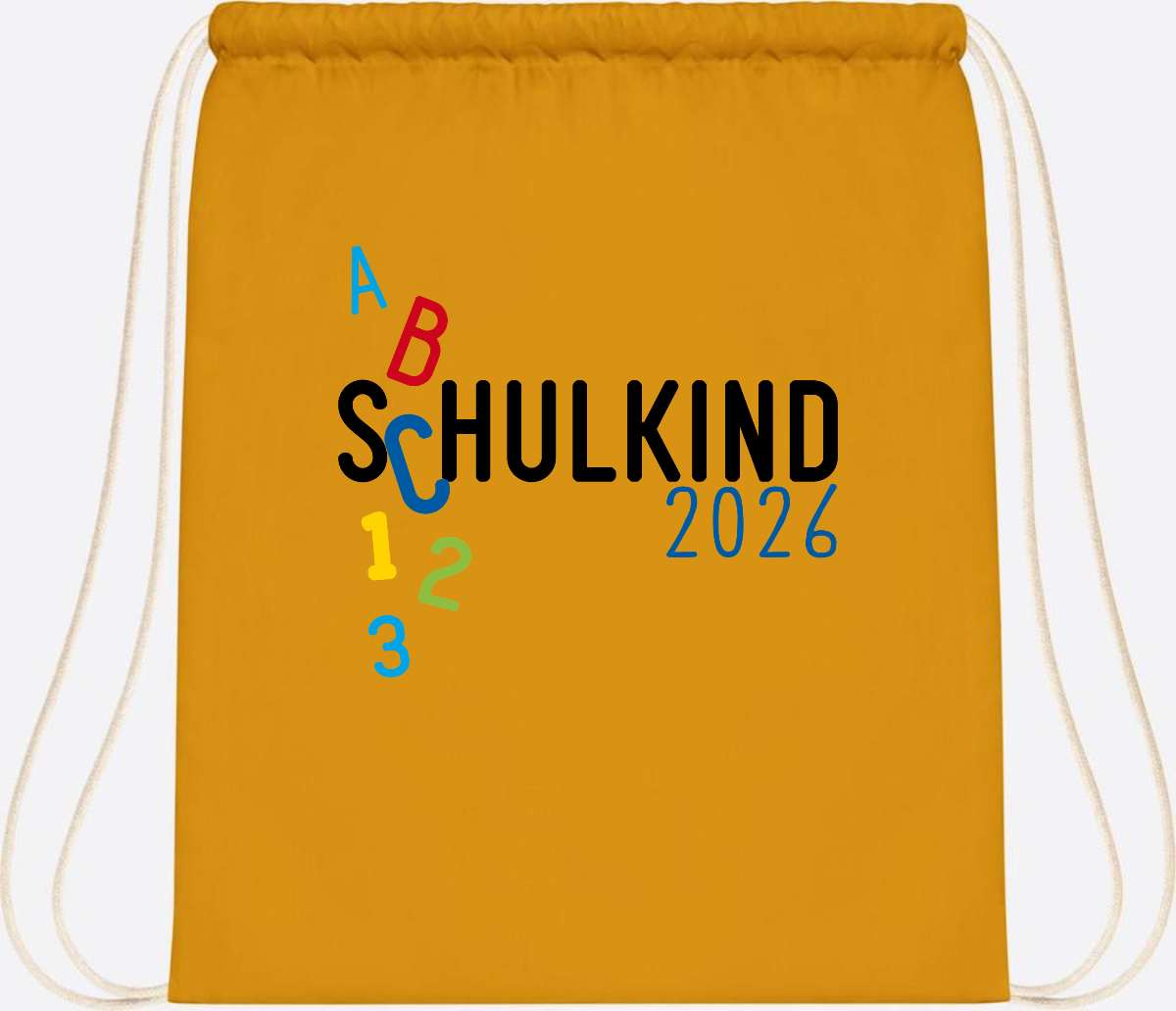 Turnbeutel Schulkind 2026 ABC Blau mit Name - Mustard