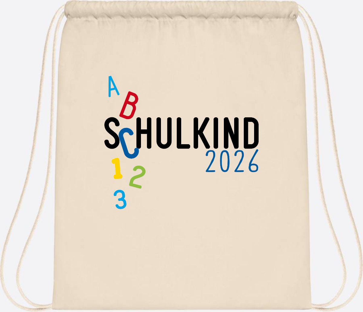 Turnbeutel Schulkind 2026 ABC Blau mit Name - Natural