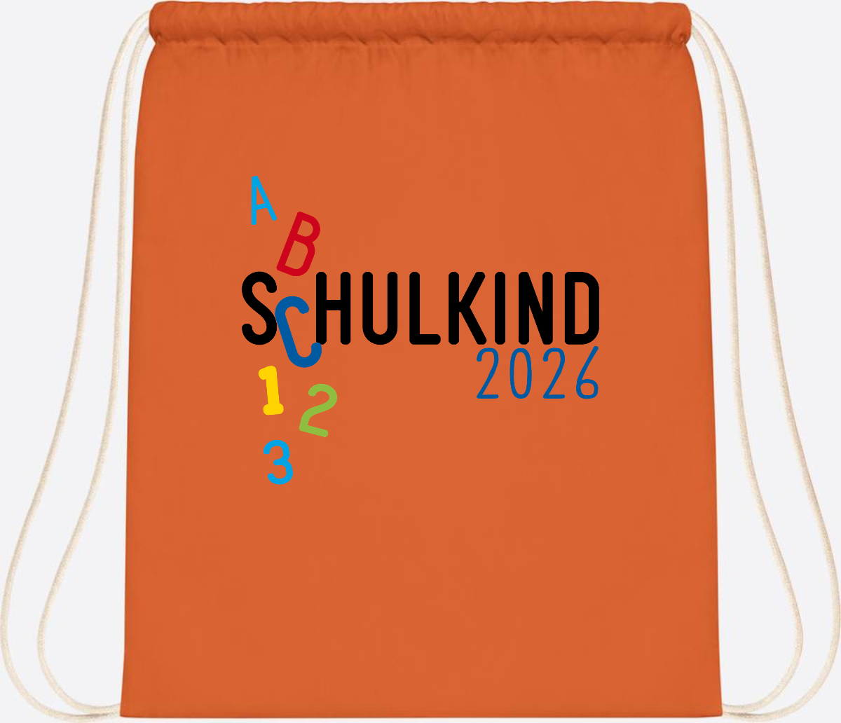 Turnbeutel Schulkind 2026 ABC Blau mit Name - Orange
