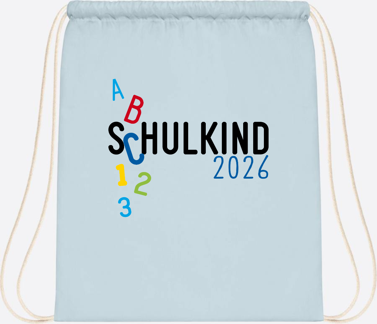 Turnbeutel Schulkind 2026 ABC Blau mit Name - Pastel Blue/White