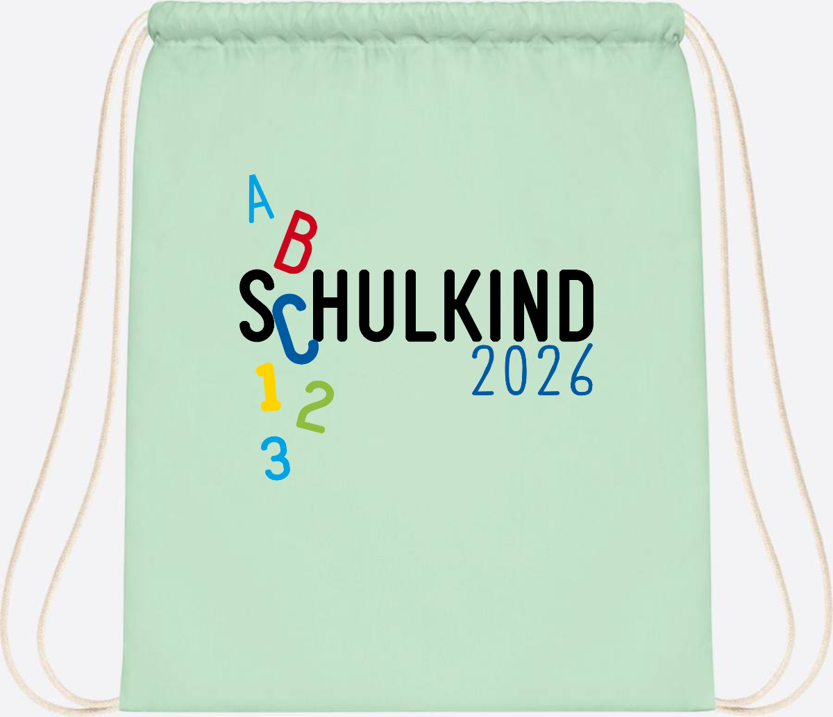 Turnbeutel Schulkind 2026 ABC Blau mit Name - Pastel Mint/White