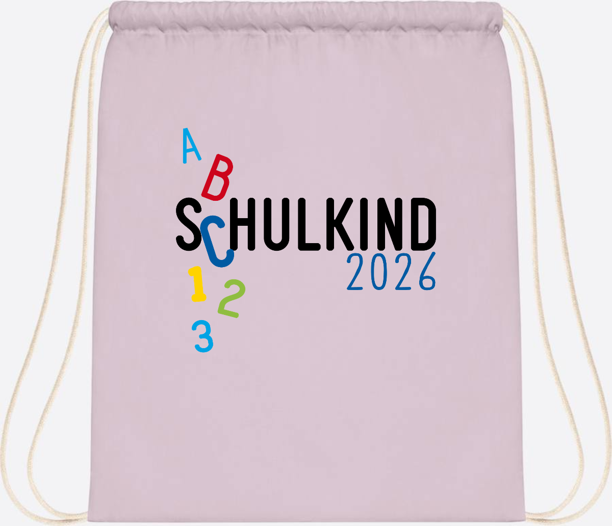 Turnbeutel Schulkind 2026 ABC Blau mit Name - Pastel Pink/White