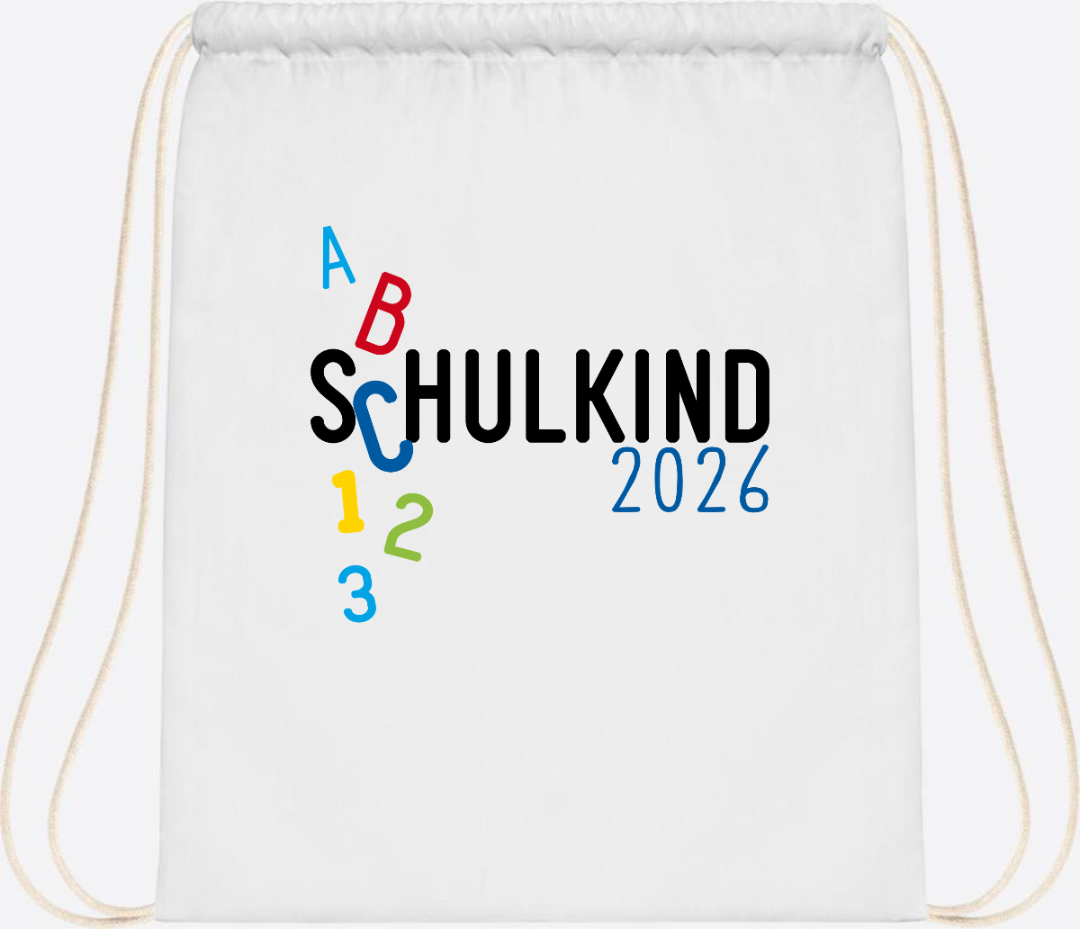 Turnbeutel Schulkind 2026 ABC Blau mit Name - White