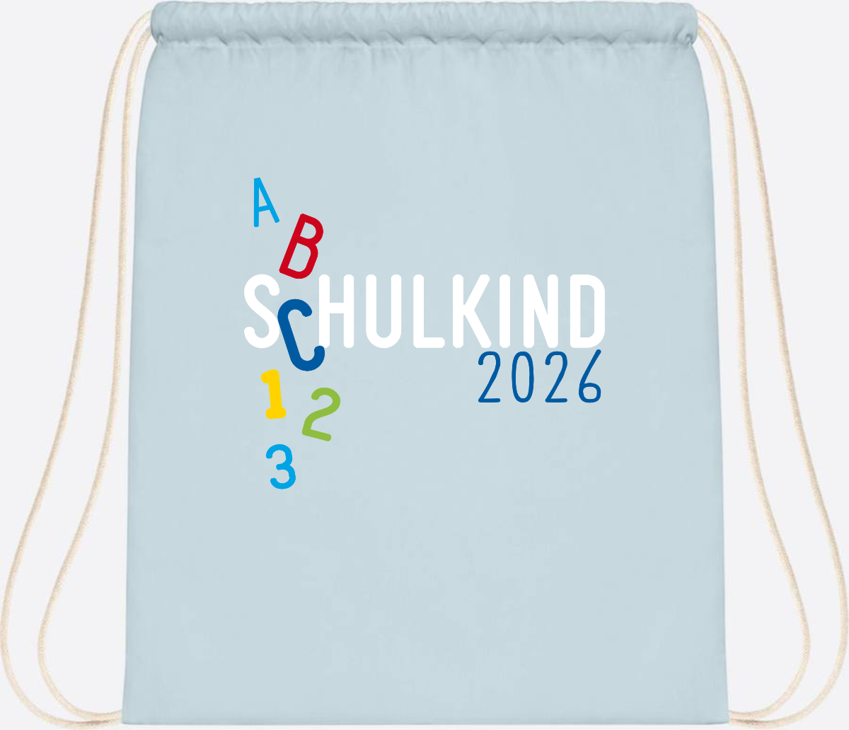 Turnbeutel Schulkind 2026 ABC – Personalisiert mit Name - Pastel Blue/White