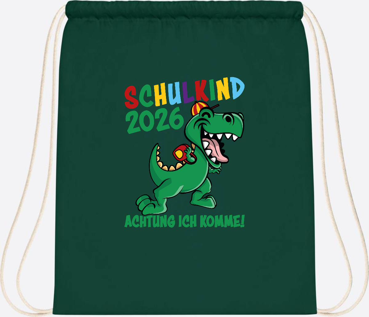 Turnbeutel Schulkind 2026 Achtung ich komme! mit Wunschname - Bottle Green