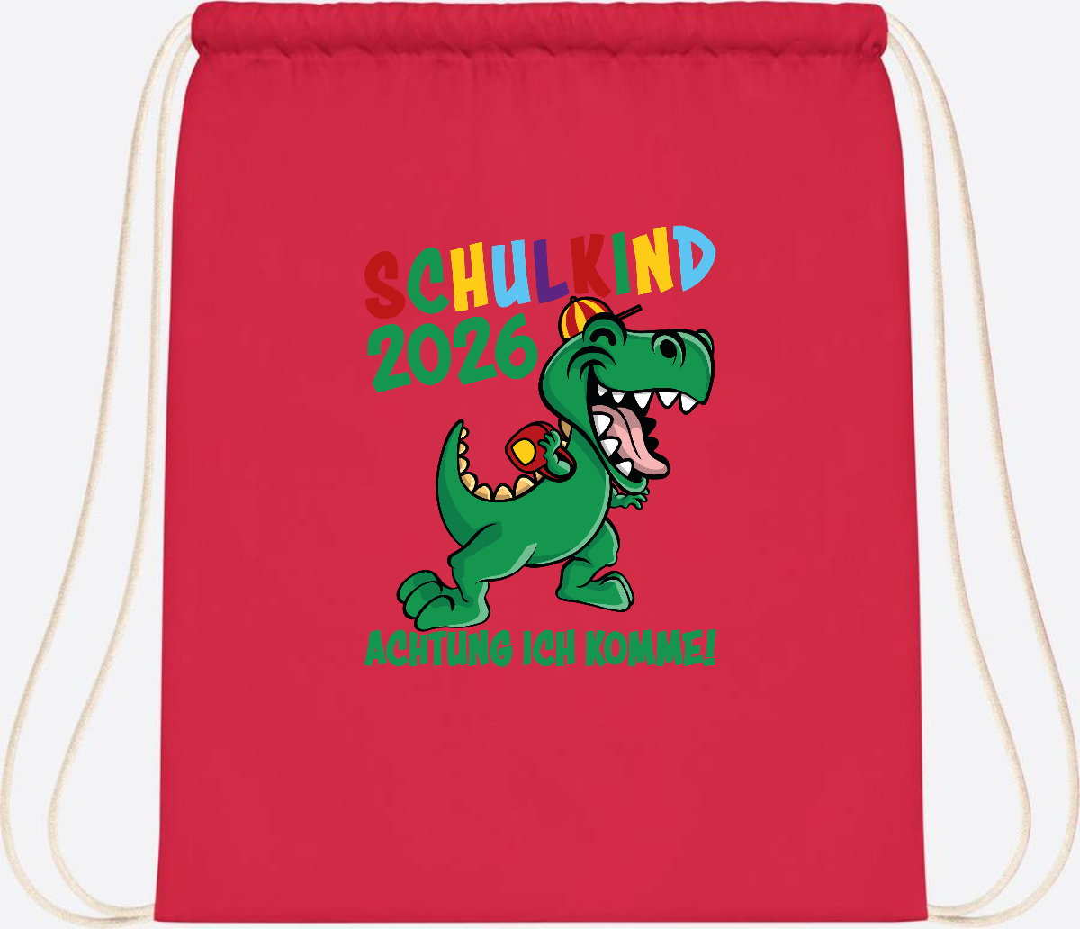 Turnbeutel Schulkind 2026 Achtung ich komme! mit Wunschname - Bright Red