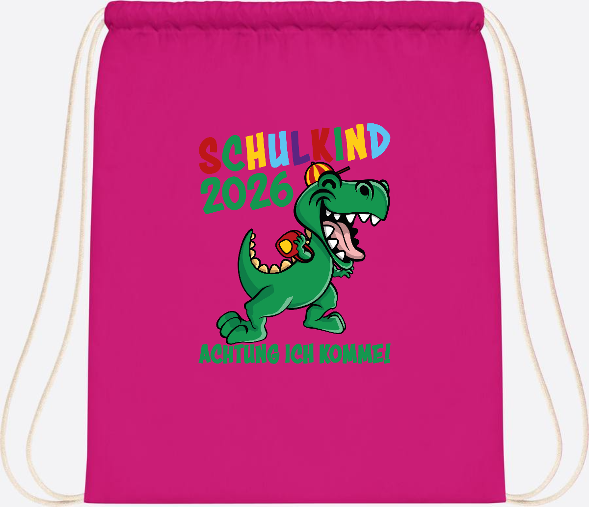 Turnbeutel Schulkind 2026 Achtung ich komme! mit Wunschname - Fuchsia
