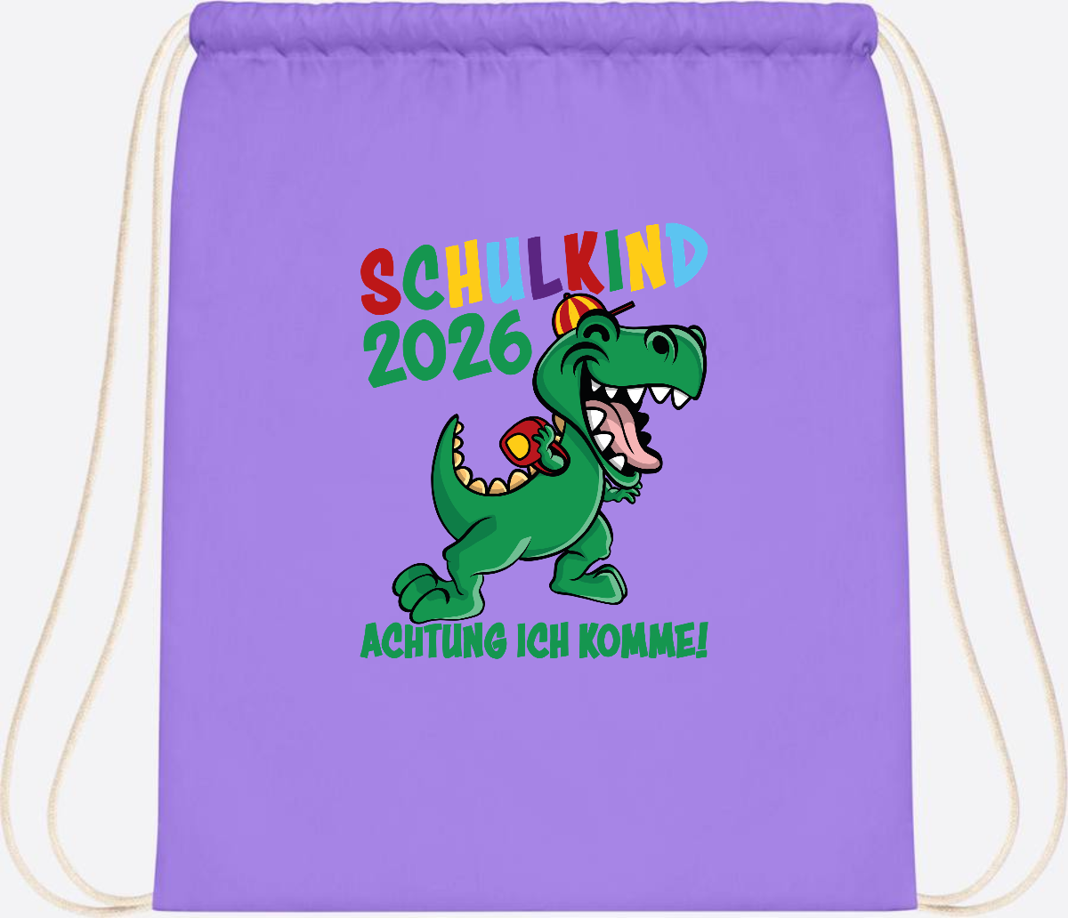 Turnbeutel Schulkind 2026 Achtung ich komme! mit Wunschname - Lavender/White