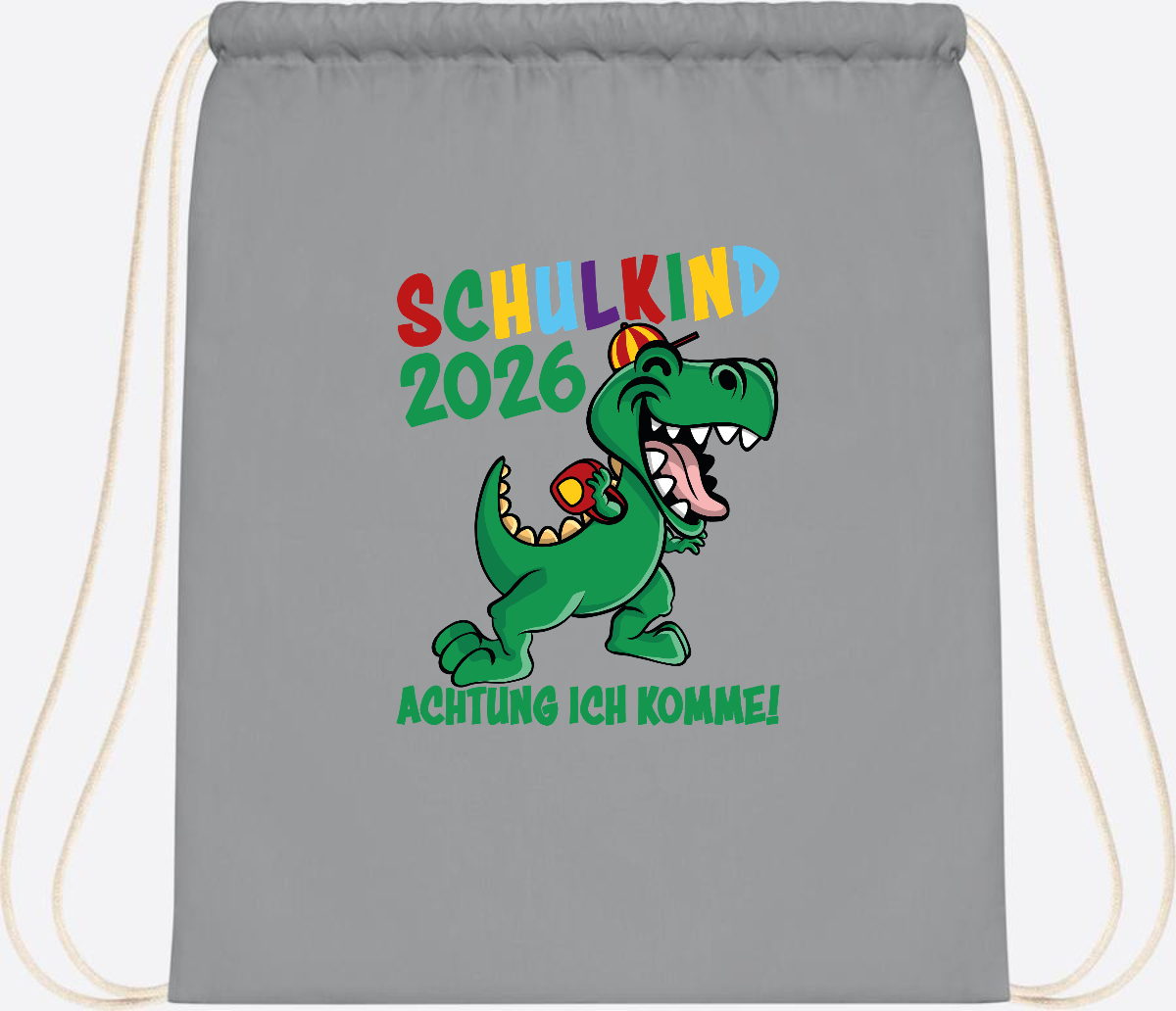 Turnbeutel Schulkind 2026 Achtung ich komme! mit Wunschname - Light Grey