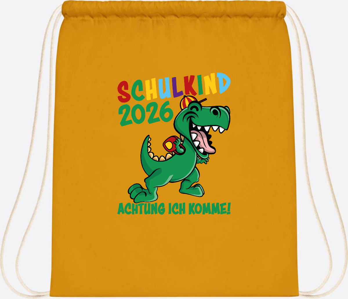Turnbeutel Schulkind 2026 Achtung ich komme! mit Wunschname - Mustard