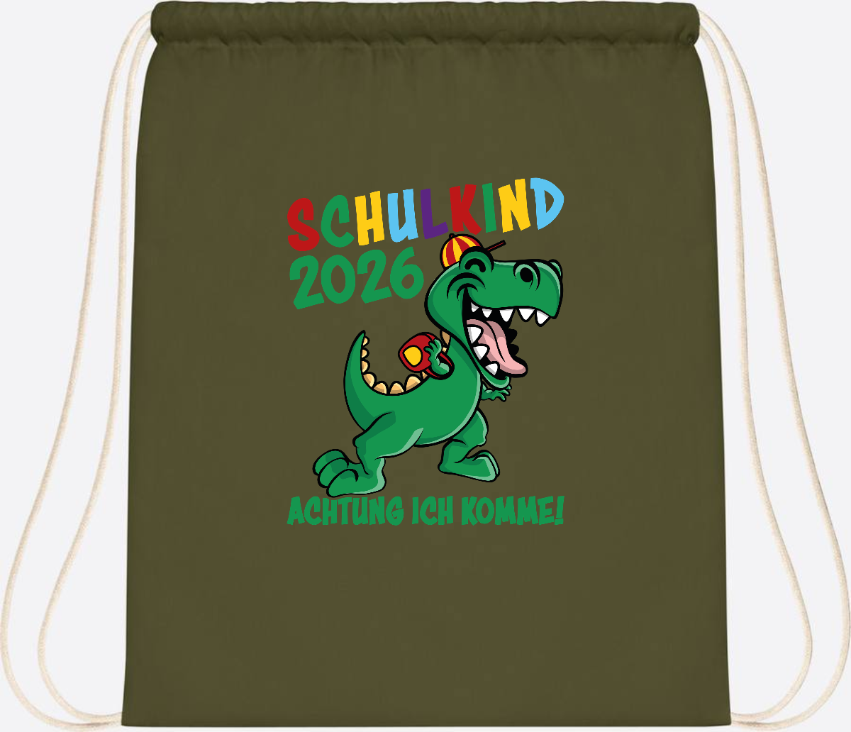 Turnbeutel Schulkind 2026 Achtung ich komme! mit Wunschname - Olive Green