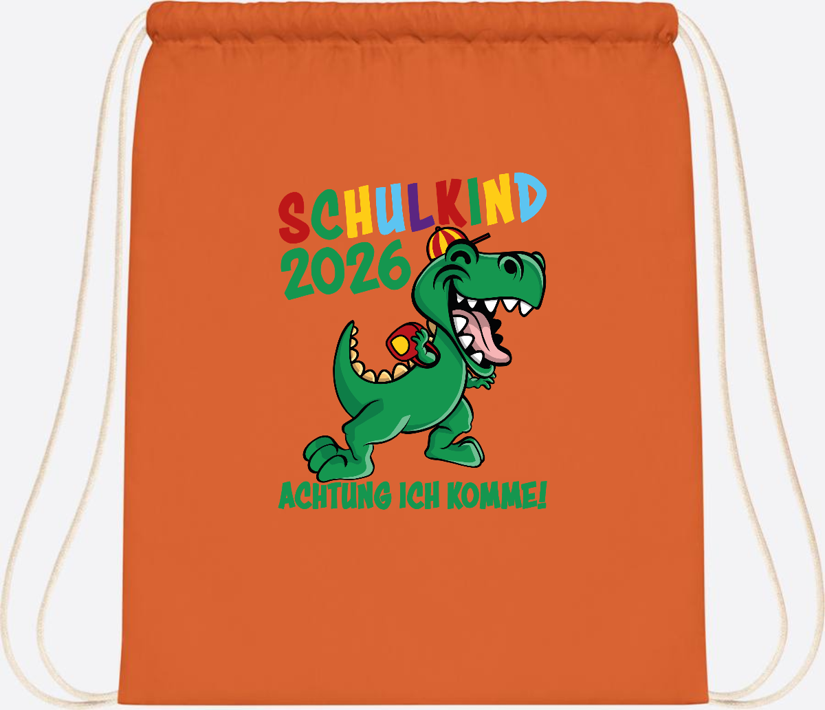 Turnbeutel Schulkind 2026 Achtung ich komme! mit Wunschname - Orange